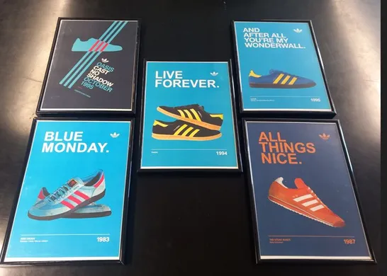 FIVE FRAMED ADIDAS CASUALS/MANCHESTER MUSIC SCENE INSPIRED PRINTS TO INCLUDE BLUE MONDAY/MANCHESTERS, LIVE FOREVER/HAMBURGS AND WONDERWALL/STOCKHOLMS