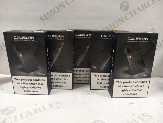 5 ASSORTED UWELL CALIBURN BOXED VAPING PRODUCTS TO INCLUDE; AK2 POD SYSTEM AND A2 POD SYSTEM