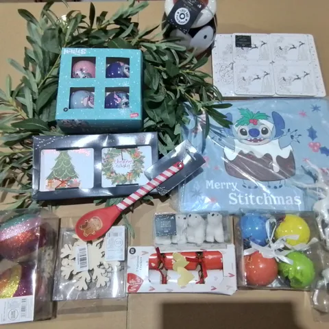 LARGE QUANTITY OF ASSORTED SEASONAL ITEMS TO INCLUDE STITCH TABLE MATS, VARIOUS BAUBLES AND WREATHS