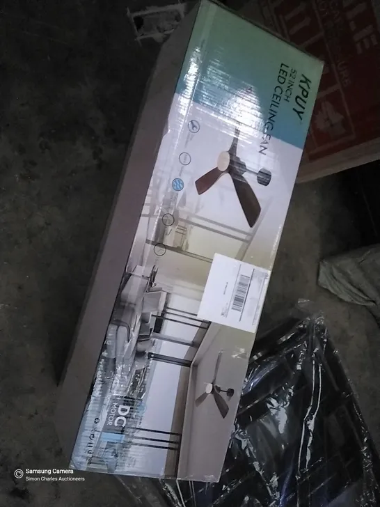 PALLET OF ASSORTED ITEMS INCLUDING, LED MIRROR, 52" LED CEILING FAN, OPEN SHELF UNIT, FOLDING STEPS, BOXED FURNITURE,  FLY KILLER. 