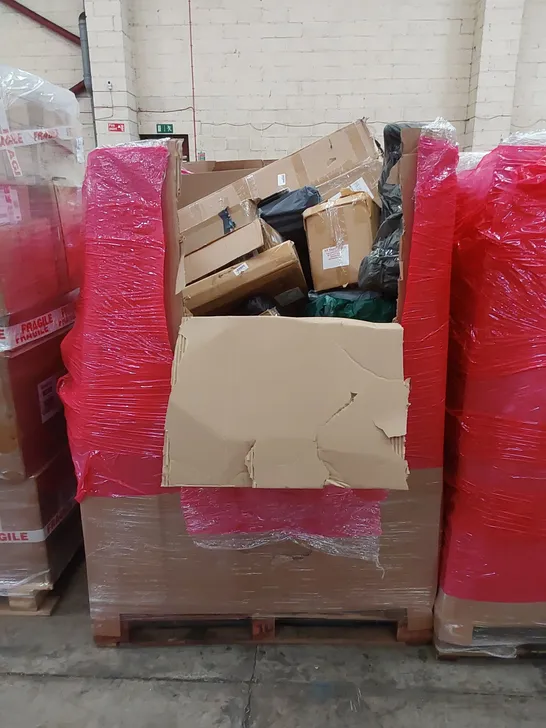 PALLET OF ASSORTED HOUSEHOLD ITEMS AND CONSUMER PRODUCTS TO INCLUDE; PLAYPEN, THROW, SCOOTER, CAMPING ITEMS, BOXED FURNITURE ETC