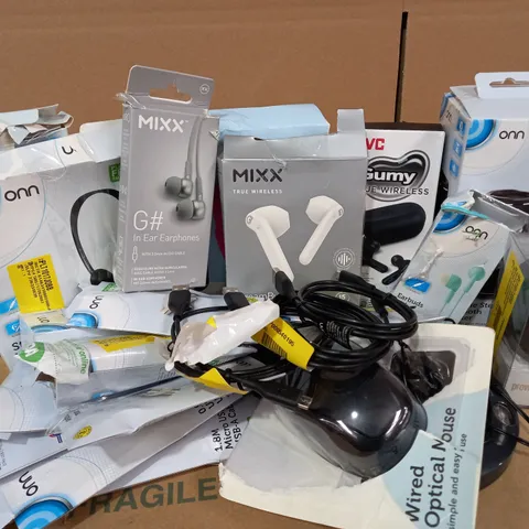 LOT OF APPROX. 20 X ITEMS TO INCLUDE MIXX STREAMBUDS AX WIRELESS EARBUDS, MIXX G# EARPHONES, JVC HA-A7T WIRELESS HEADPHONES, ONN PORTABLE BLUETOOTH SPEAKER, ONN WIRED OPTICAL MOUSE, ETC.