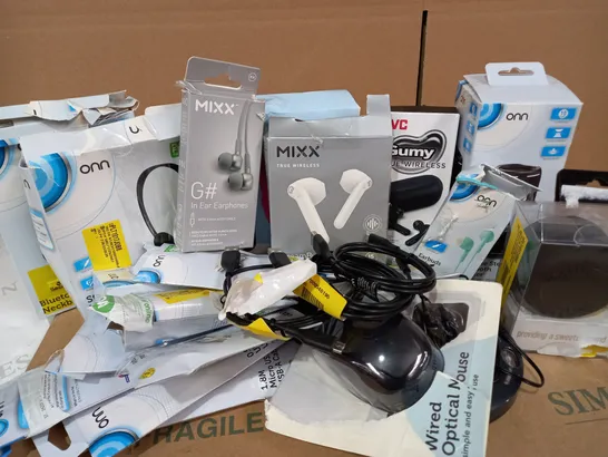 LOT OF APPROX. 20 X ITEMS TO INCLUDE MIXX STREAMBUDS AX WIRELESS EARBUDS, MIXX G# EARPHONES, JVC HA-A7T WIRELESS HEADPHONES, ONN PORTABLE BLUETOOTH SPEAKER, ONN WIRED OPTICAL MOUSE, ETC.