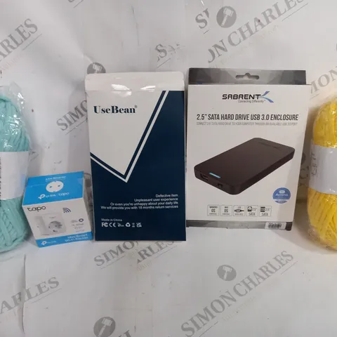 BOX OF APPROXIMATELY 6 ASSORTED ITEMS TO INCLUDE - HELLO LOVE WOOL - TAPO WI-FI SOCKET - SABRENT 2.5 SATA HAND DRIVE USB 3.0 ENCLOSURE ECT