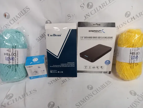 BOX OF APPROXIMATELY 6 ASSORTED ITEMS TO INCLUDE - HELLO LOVE WOOL - TAPO WI-FI SOCKET - SABRENT 2.5 SATA HAND DRIVE USB 3.0 ENCLOSURE ECT