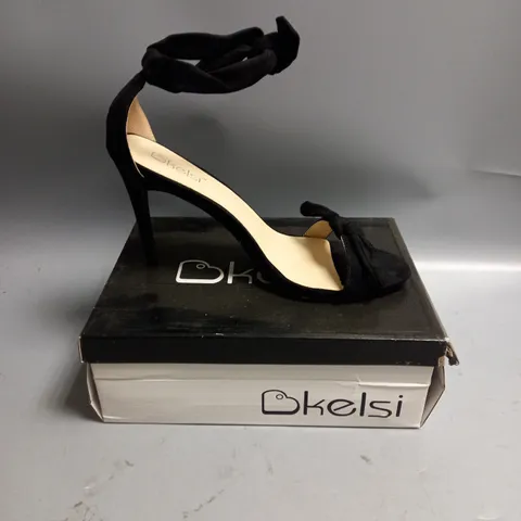 BOXED KELSI LADIES BLACK SATIN HIGH HEELED SANDALS WITH TIE DETAIL SIZE EU 41