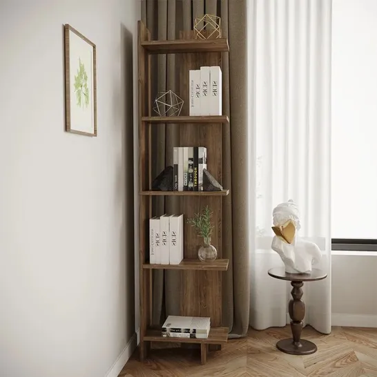 BOXED REGIN 170CM H X 45CM W SOLID WOOD CORNER BOOKCASE - WALNUT (1 BOX)