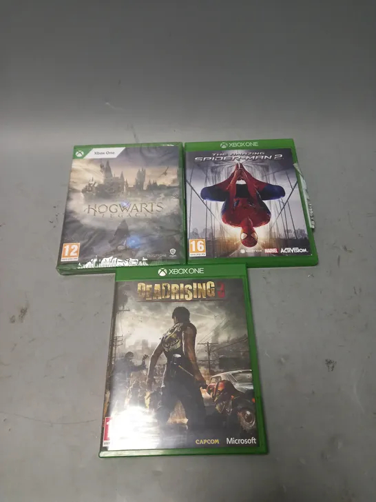 LOT OF 3 XBOX ONE VIDEO GAMES TO INCLUDE THE AMAZING SPIDER-MAN 2, DEAD RISING 3 AND HOGWARTS LEGACY