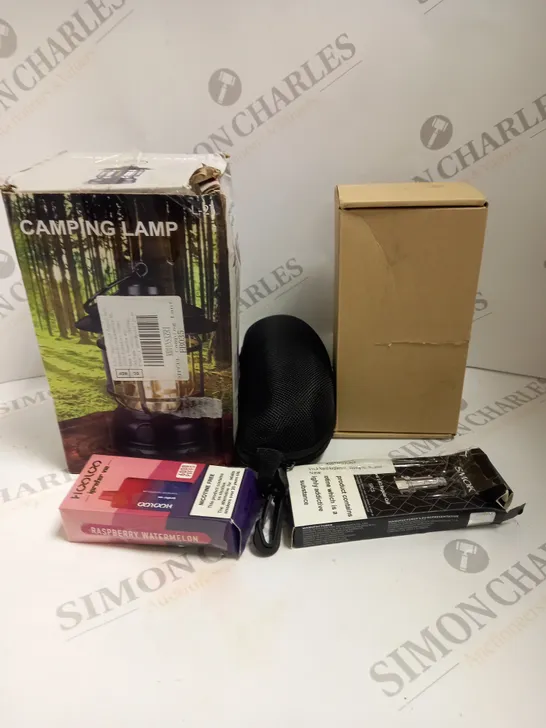 BOX TO CONTAIN 5 X ASSORTED PRODUCTS. INCLUDES CAMPING LAMP, E-CIG REPLACEMENT PARTS ETC 