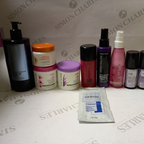 LOT OF APPROX 12 ASSORTED MATRIX HAIRCARE PRODUCTS TO INCLUDE HYDRA SOURCE MASK, BODIFYING TREATMENT, PERFECTING SPRAY, ETC 