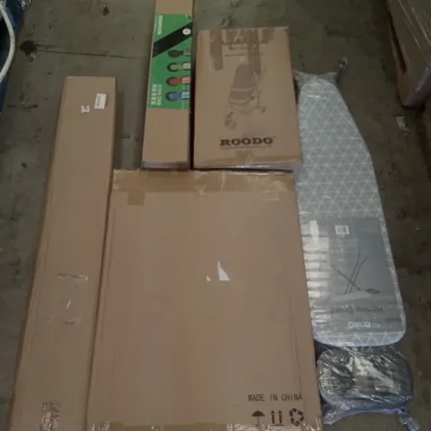 PALLET OF ASSORTED ITEMS INCLUDING NEWEER CAMERA TRACK SLIDES, ANIKA IRONING BOARD, ROODO PET STROLLER, ROCK BROS BIKE RACKS, CAR MATS FOR TESLA