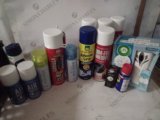 BOX OF HOUSEHOLD ITEMS TO INCLUDE WD-40 , AIR WICK FRESHMATIC AUTOSPRAY , ETC