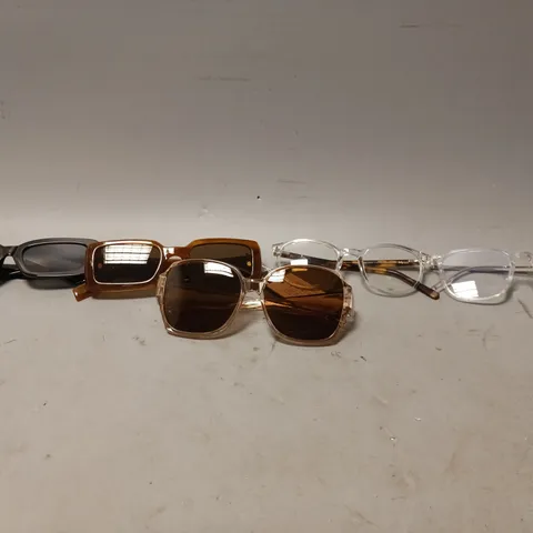 BOX OF APPROXIMATELY 12 ASSORTED GLASSES TO INCLUDE - UNBRANDED BLACK SUNGLASSES , CLEAR BROWN GLASSES , ARDEN LUNA CRYSTAL EYE GLASSES ETC