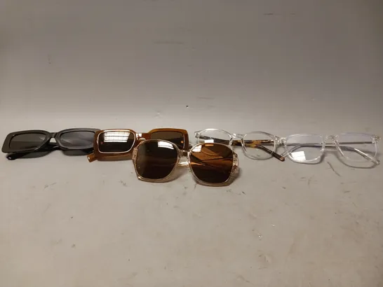 BOX OF APPROXIMATELY 12 ASSORTED GLASSES TO INCLUDE - UNBRANDED BLACK SUNGLASSES , CLEAR BROWN GLASSES , ARDEN LUNA CRYSTAL EYE GLASSES ETC