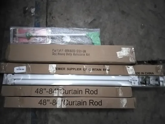 PALLET OF ASSORTED ITEMS INCLUDING HEAVY DUTY ROTISSERIE KIT, CURTAIN ROD, SPIDER CATCHER, TANZUOER BLINDS, 48"-84" CURTAIN RODS, HAMGEEK BLENDER