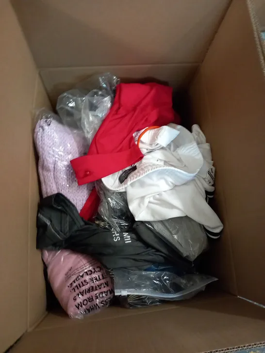 BOX OF ASSORTED CLOTHING ITEMS TOO INCLUDE JUMPERS, SHIRTS AND TROUSERS IN VARIOUS SIZES AND COLOURS   