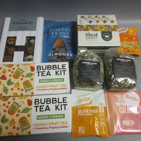 LOT OF 10 ASSORTED FOOD ITEMS TO INCLUDE BUBBLE TEA KITS, SUPERFOOD BARS AND GREEN TEA