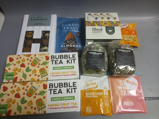 LOT OF 10 ASSORTED FOOD ITEMS TO INCLUDE BUBBLE TEA KITS, SUPERFOOD BARS AND GREEN TEA