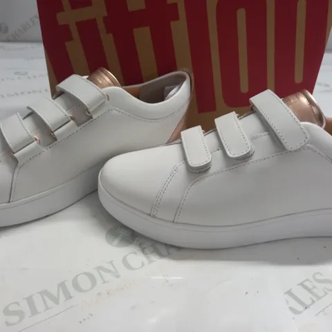 BOXED PAIR OF RALLY METALLIC BACK LEATHER STRAP SNEAKERS IN WHITE - UK 5.5