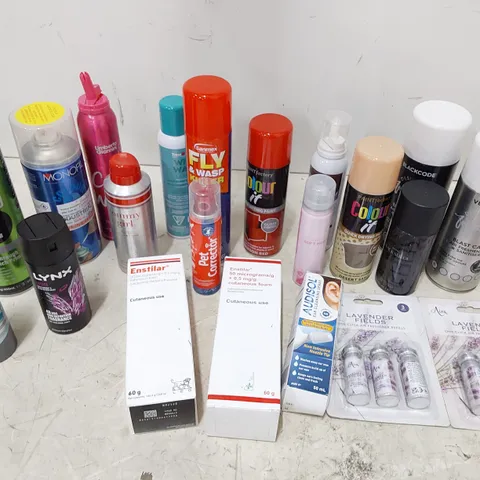 TWO TOTES OF ASSORTED AEROSOLS INCLUDING, AIR FRESHENER REFILLS, FLY KILLER, ZINC PRIMER, HAIR COLOURS, ARAMIS ANTI PERSPERANT, COOL LAB & NIOXIN DRY SHAMPOO,  