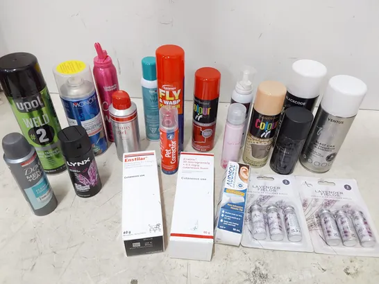 TWO TOTES OF ASSORTED AEROSOLS INCLUDING, AIR FRESHENER REFILLS, FLY KILLER, ZINC PRIMER, HAIR COLOURS, ARAMIS ANTI PERSPERANT, COOL LAB & NIOXIN DRY SHAMPOO,  