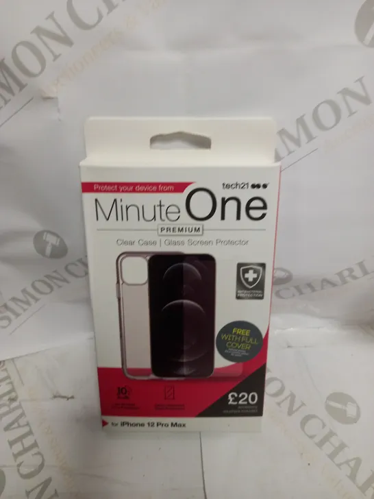 BOX OF 20 MINUTE ONE CLEAR CASE & SCREEN PROTECTOR KITS FOR IPHONE 12 PRO MAX