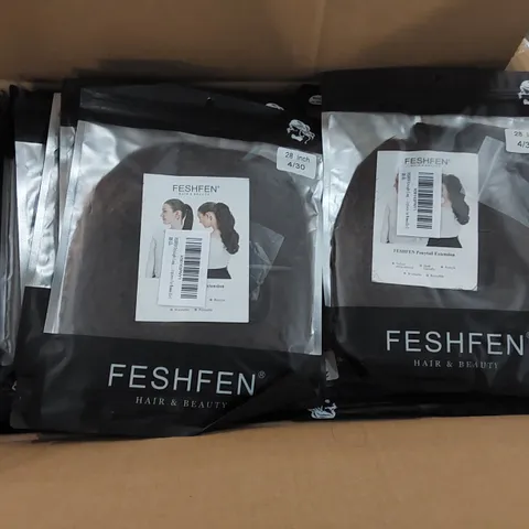 BOX CONTAINING APPROXIMATELY 20 FESHFEN PONYTAIL EXTENSIONS - DARK BROWN