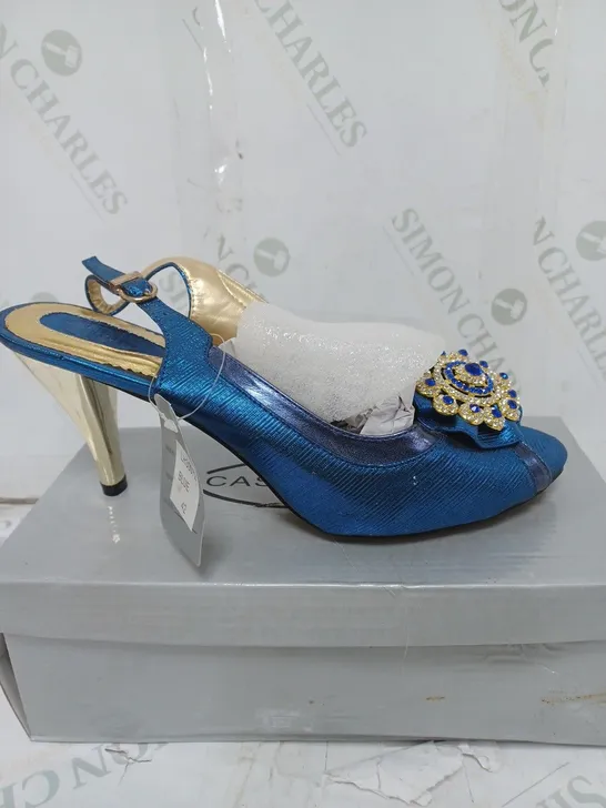 BOX OF APPROXIMATELY 15 PAIRS OF SHOES TO INCLUDE HIGH HEELS, FLAT SHOES, BLUE GEM HEELS ETC