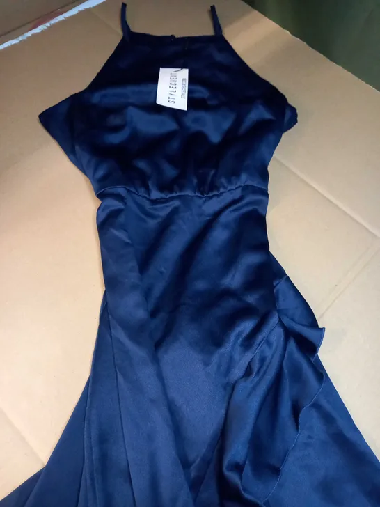 STYLE CHEAT NAVY SATIN HALTER NECK RUFFLE MIDI DRESS - SIZE 10