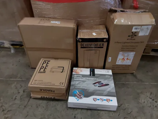 PALLET OF ASSORTED ITEMS INCLUDING: DEHUMIDIFIER, LIGHTED CHRISTMAS DEER, ELECTRIC FOOT MASSAGER, PIZZA OVEN, HANDLED TOILET RISER