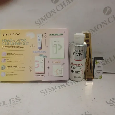 BOX OF APPROX 20 ASSORTED BEAUTY PRODUCTS TO INCLUDE ZITSTICKA CLEARING KIT, LOREAL ELVIVE SHAMPOO, EYEBROW PENCIL, ETC. 