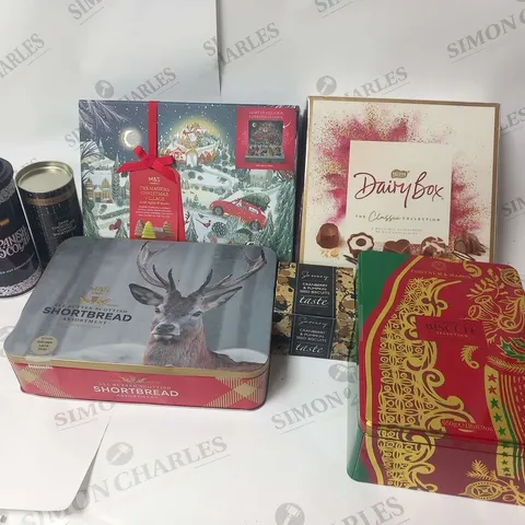 SEVEN ASSORTED FOOD BASED PRODUCTS TO INCLUDE; NESTLE DAIRY BOX, FORTNUM AND MASON CHRISTMAS BISCUIT SELECTION, ALL BUTTER SCOTTISH SHORTBREAD AND LUXURY HOT CHOCOLATE