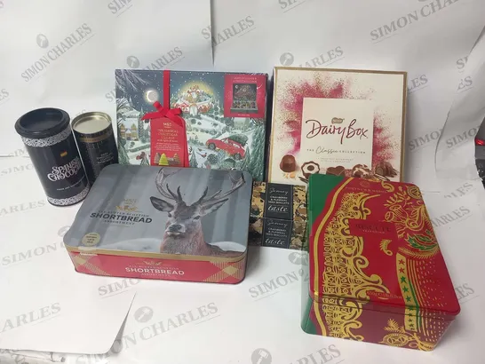 SEVEN ASSORTED FOOD BASED PRODUCTS TO INCLUDE; NESTLE DAIRY BOX, FORTNUM AND MASON CHRISTMAS BISCUIT SELECTION, ALL BUTTER SCOTTISH SHORTBREAD AND LUXURY HOT CHOCOLATE