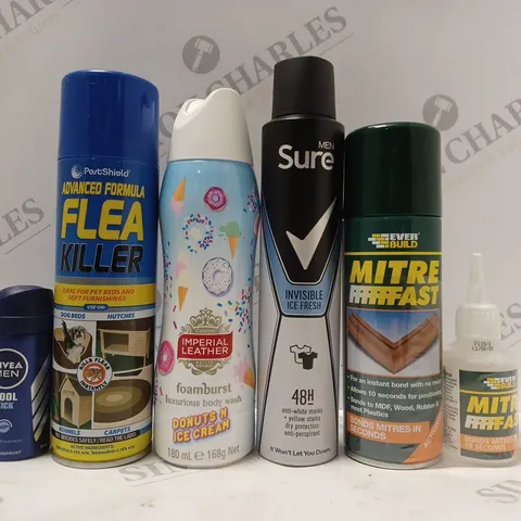 BOX OF APPROX 10 ASSORTED AEROSOLS TO INCLUDE FLEA KILLER, SURE MEN DEODORANT, EVER BUILD MITRE FAST, ETC 