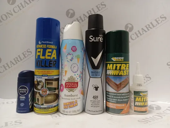 BOX OF APPROX 10 ASSORTED AEROSOLS TO INCLUDE FLEA KILLER, SURE MEN DEODORANT, EVER BUILD MITRE FAST, ETC 