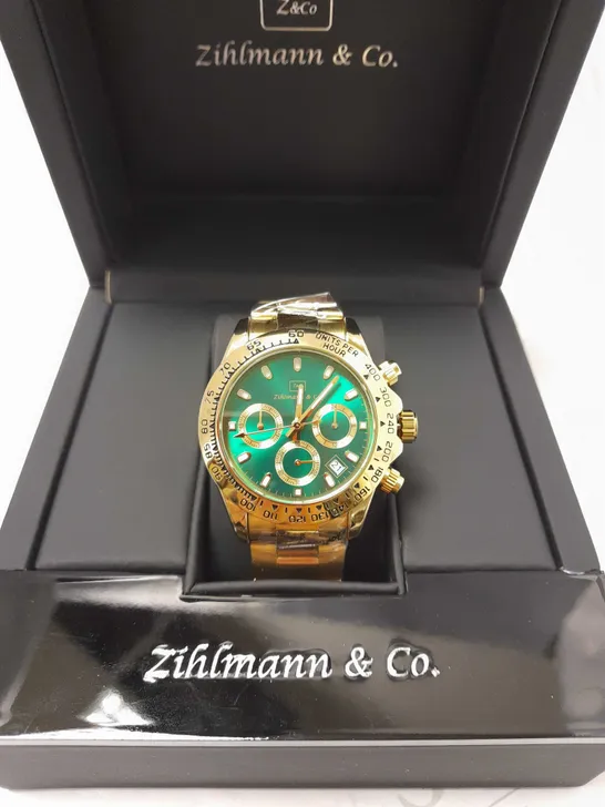 ZIHLMANN & CO GREEN TRIPLE DIAL GOLD EFFECT STRAP WRISTWATCH