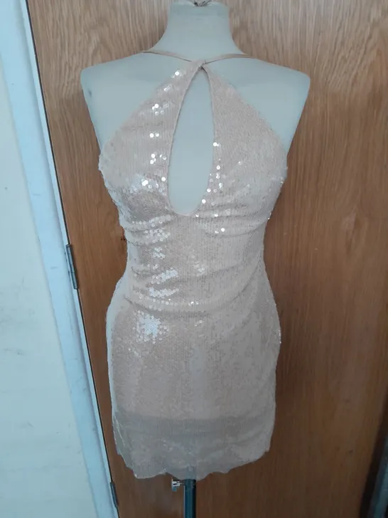 OH POLLY SEQUIN PLUNGE HALTERNECK STYLE FITTED DRESS IN TAN SIZE 10