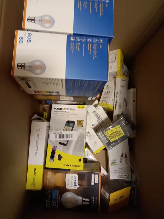 BOX OF APPROXIMATELY 15 ELECTRICAL ITEMS TO INCLUDE MAGNITUDE LONDON 3-IN-1 RECHARGABLE PRECISION HAIR TRIMMER, PHILIPS LIGHT BULB TWIN PACK, SCOSCHE MAGNETIC PHONE MOUNT ETC