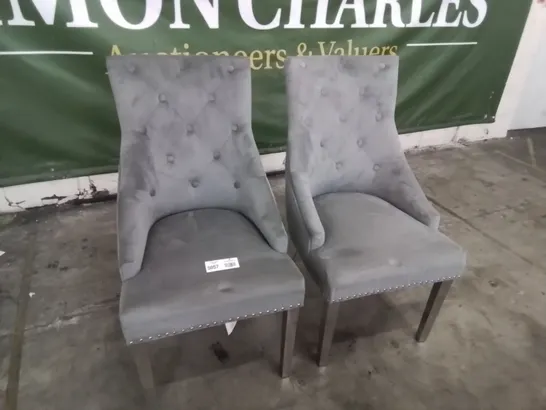 PAIR OF DESIGNER IMPERIAL UPHOLSTERED RING BUTTONED BACK DINING CHAIRS ON SILVER LEGS PLUSH SILVER FABRIC 