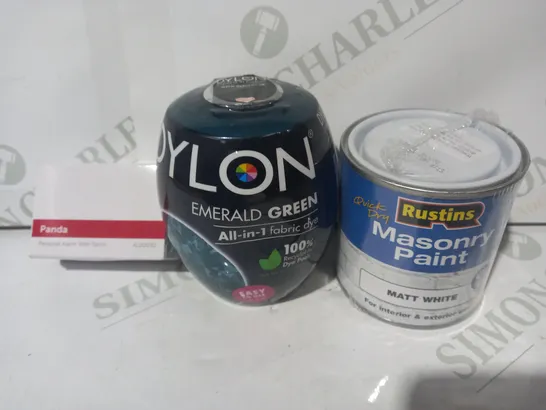 LOT OF APPROXIMATELY 10 ASSORTED HOUSEHOLD ITEMS TO INCLUDE MASONRY PAINT IN WHITE, DYLON ALL IN ONE FABRIC DYE, PANDA PERSONAL ALARM WITH TORCH, ETC