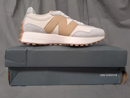 BOXED PAIR OF NEW BALANCE 327 SHOES IN WHITE/STONE/TAN UK SIZE 6