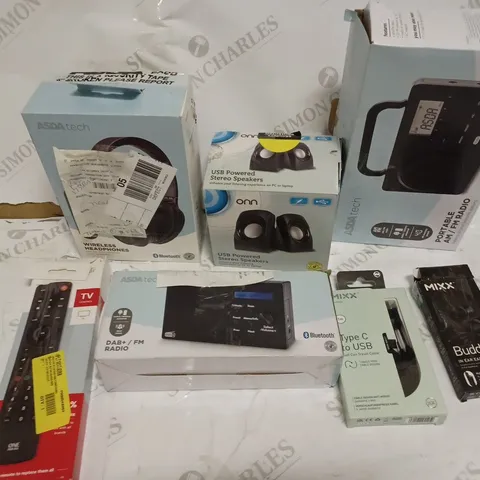 BOX OF ASSORTED ASDA ELECTRICALS INCLUDING - HEADPHONES, RADIO, ONN SPEAKERS