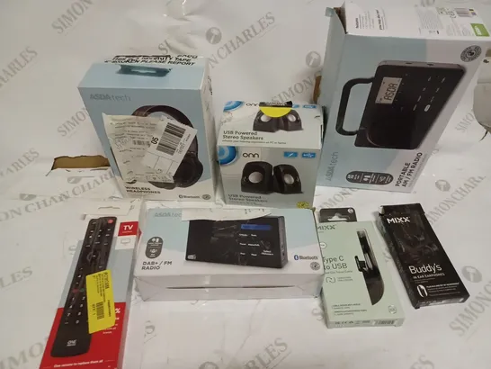 BOX OF ASSORTED ASDA ELECTRICALS INCLUDING - HEADPHONES, RADIO, ONN SPEAKERS