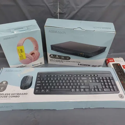 BOXED LOT OF APPROXIMATELY 25 ELECTRICAL ITEMS TO INCLUDE KEYBOARD AND MOUSE, DVD PLAYER AND HEADPHONES