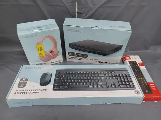 BOXED LOT OF APPROXIMATELY 25 ELECTRICAL ITEMS TO INCLUDE KEYBOARD AND MOUSE, DVD PLAYER AND HEADPHONES