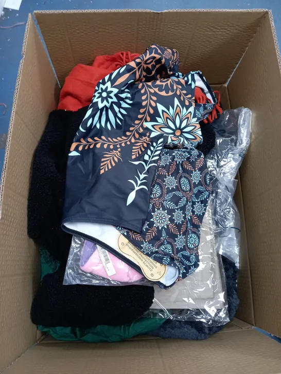 BOX OF ASSORTED CLOTHING ITEMS TOO INCLUDE JUMPERS, SHIRTS AND TROUSERS IN VARIOUS SIZES AND COLOURS   