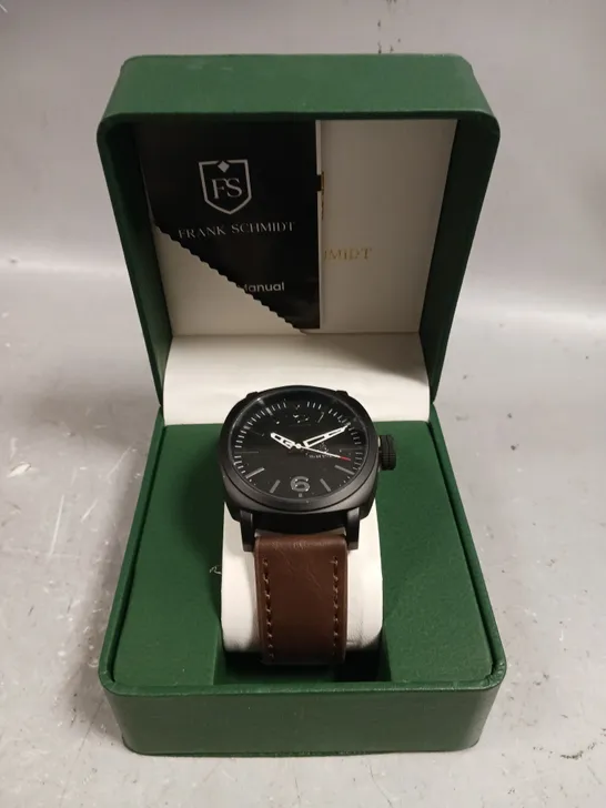 MENS FRANK SCHMIDT WATCH – LARGE BLACK CASE – BLACK PILOT DIAL – BROWN LEATHER STRAP