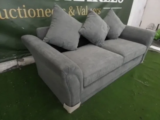 DESIGNER DURY GREY FABRIC THREE SEATER SOFA WITH SCATTER BACK CUSHIONS