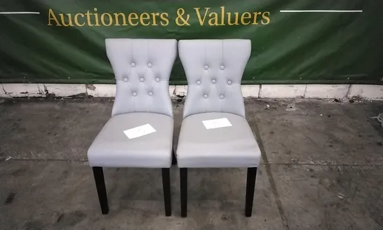 PAIR OF KENSINGTON LIGHT GREY LEATHER BUTTON BACK DINING CHAIRS WITH BLACK LEGS