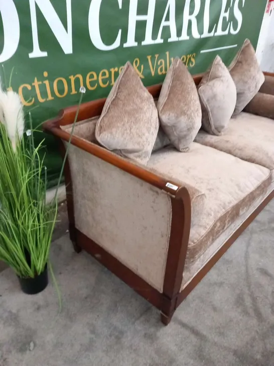 DESIGNER MAHOGANY FRAMED SOFA IN LAID WITH LIGHT BROWN FABRIC